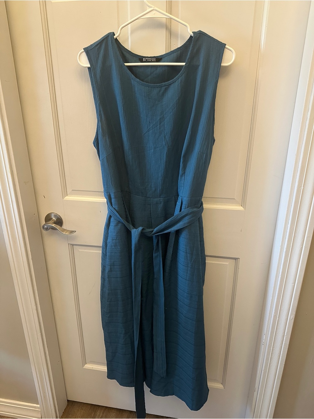 BloomChic Teal Sleeveless Belted Midi Dress